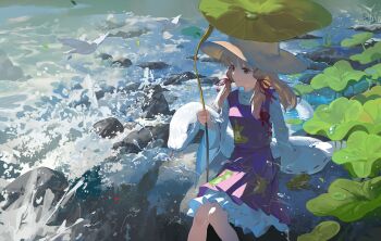 Rule 34 | 1girl, absurdres, animal print, arm support, bird, blonde hair, chinese commentary, commentary request, day, frog, frog print, hair ribbon, hat, highres, holding, holding leaf, leaf, leaf umbrella, long sleeves, looking ahead, mishaguji, moriya suwako, outdoors, purple skirt, purple vest, qianeyejiaorouji, red ribbon, ribbon, ribbon-trimmed sleeves, ribbon trim, sitting, skirt, smile, snake, solo, touhou, vest, water drop, white bird, white snake, wide sleeves