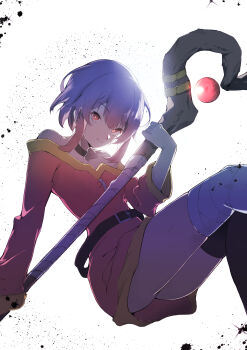 Rule 34 | 1girl, absurdres, belt, black choker, choker, commentary request, gan jia shu, highres, kono subarashii sekai ni shukufuku wo!, looking at viewer, magical girl, megumin, red eyes, short hair, simple background, solo, wand