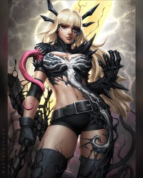 1girl armor belt black_belt black_bustier black_gloves black_shorts black_thighhighs blonde_hair blue_eyes blurry blurry_background breasts bustier comic_cover commentary cowboy_shot elbow_pads english_commentary extra_teeth extra_tongue gloves glowing glowing_sword glowing_weapon highres holding holding_sword holding_weapon huge_weapon kunkka large_breasts long_hair magik_(x-men) marvel monster_girl navel new_mutants official_art parted_lips pauldrons shorts shoulder_armor single_pauldron slime_girl solo spider-man_(series) spiked_pauldrons spikes sword symbiote thighhighs toned toned_female twitter_username venom_(marvel) weapon x-men