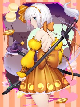 Rule 34 | alternate costume, bare back, bat (animal), blue eyes, blunt ends, bow, bow choker, choker, cookie, cowboy shot, detached sleeves, dress, dress bow, food, from behind, hair ribbon, hairband, halloween, hat, hataraki kuma, konpaku youmu, konpaku youmu (ghost), looking at viewer, macaron, orange bow, orange dress, orange hairband, orange ribbon, parted lips, ribbon, sheath, sheathed, short hair, sword, touhou, weapon, white hair, witch hat