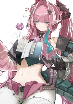 1girl absurdres anger_vein arknights arknights:_endfield belt black_gloves blue_eyes blue_hair blush breasts closed_mouth commentary_request detached_sleeves dragon_girl dragon_horns dragon_tail gloves hair_ornament hairclip highres horns large_breasts long_hair multicolored_hair pants pink_hair pointy_ears solo taiiiyakiii tail twintails white_pants yvonne_(arknights)