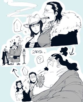 1girl 2boys ? bara bare_pectorals belly breast_envy breasts cigar cleavage cowboy_hat crocodile_(one_piece) curly_eyebrows eyewear_on_head facial_hair fat fat_man fish_boy from_side girl_staring_at_guy's_chest_(meme) glaring goatee hat highres japanese_clothes jinbe_(one_piece) kimono large_pectorals long_hair looking_at_another looking_down male_focus mature_male medium_breasts meme multiple_boys muscle_envy muscular muscular_male nico_robin nico_robin_(alabasta) nipples obese one_piece open_clothes open_kimono pectorals sequential short_hair sideburns smoking spoken_question_mark translated tusks upper_body yayuko