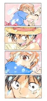 1boy 1girl bare_shoulders black_hair blue_shirt close-up closed_mouth commentary_request facial_scar hair_between_eyes hat karori_moenergy light_particles looking_at_another looking_to_the_side monkey_d._luffy nami_(one_piece) official_alternate_costume one_piece open_mouth orange_hair red_sash red_vest sash scar scar_on_cheek scar_on_face sequential shirt short_hair short_sleeves straw_hat upper_body vest water wristband