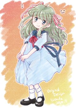 1girl artist_collaboration artist_name back_ribbon beamed_eighth_notes black_shoes blue_dress blue_eyes blue_ribbon blue_sailor_collar bow bowtie closed_mouth commentary_request dated dress eighth_note full_body green_hair hair_ribbon highres long_hair looking_at_viewer mary_janes minakami_marin musical_note orange_background original pink_ribbon red_bow red_bowtie ribbon sailor_collar shoes sidelocks skirt_hold smile socks solo standing wanda_(wondaba) white_socks