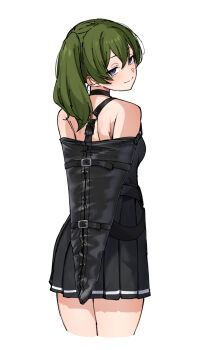 1girl armbinder arms_behind_back bare_shoulders bdsm black_dress bondage bound commentary_request cropped_legs dress eru_(l_illust45) from_behind green_hair highres long_hair looking_at_viewer pleated_dress purple_eyes side_ponytail simple_background smile solo sousou_no_frieren standing thighs ubel_(sousou_no_frieren) white_background
