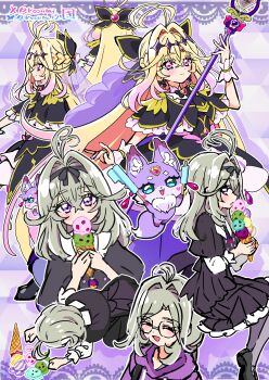 Rule 34 | absurdres, antenna hair, black bow, black bowtie, black capelet, black dress, black ribbon, black shoes, blonde hair, bluesky logo, bluesky username, border, bow, bowtie, braid, brooch, capelet, closed eyes, closed mouth, commentary, crown braid, cure arcana shadow, diamond hairband, disguise, double popsicle, drawstring, dress, dual persona, earrings, eating, food, frilled capelet, frilled cuffs, frilled dress, frilled sleeves, frills, glasses, gradient hair, grey pantyhose, hair bow, hair intakes, hair ribbon, heart, heart brooch, highres, holding, holding food, holding ice cream cone, holding popsicle, holding staff, hood, hood down, hoodie, ice cream cone, invisible chair, jewelry, kingin, lace, lace border, layered dress, long hair, long sleeves, looking at viewer, magical girl, mary janes, mashu-tan, medium dress, medium hair, meitantei precure!, moria luluka, multicolored hair, multiple views, open mouth, ornate border, pantyhose, popsicle, precure, prostration, purple eyes, purple hoodie, purple veil, ribbon, shirt, shoes, sitting, smile, staff, standing, tear arcana rod, twitter username, twitter x logo, unequal popsicle division, veil, very long hair, white shirt