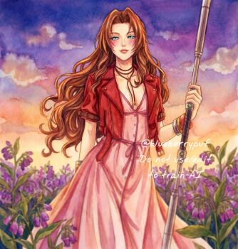 Rule 34 | 1girl, aerith gainsborough, aqua eyes, arm behind back, arm belt, bangle, blush, bracelet, breasts, brown hair, buttons, choker, closed mouth, cowboy shot, cropped jacket, dress, field, final fantasy, final fantasy vii, final fantasy vii rebirth, final fantasy vii remake, flower, flower choker, flower field, highres, holding, holding staff, jacket, jewelry, jewelry!, light smile, long dress, long hair, medium breasts, monsterbf1ilove, parted bangs, pink dress, purple flower, red jacket, short sleeves, sidelocks, solo, staff, sunset, twitter username, wavy mouth