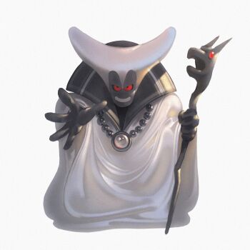 Rule 34 | 1boy, bead necklace, beads, commentary request, dragon lord, dragon quest, full body, grin, high collar, highres, holding, holding staff, jewelry, looking at viewer, male focus, necklace, red eyes, robe, shiratsuyu mone, simple background, smile, solo, staff, white background, white robe