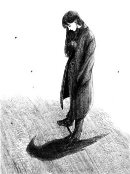 1girl bird black_hair black_outline crow different_shadow full_body greyscale highres long_hair looking_down monochrome original outline solo tp_p_pt white_background