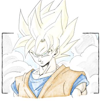 Rule 34 | 1boy, 1rasutotoukou, absurdres, blonde hair, blue shirt, dragon ball, dragonball z, green eyes, highres, male focus, medium hair, orange shirt, shirt, solo, son goku, spiked hair, super saiyan, super saiyan 1, upper body