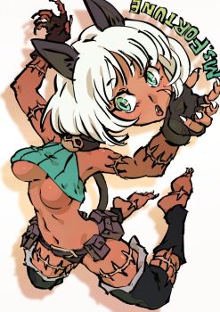 1girl animal_ears arms_up belt belt_pouch black_gloves bob_cut breasts brown_belt cat_ears cat_girl cat_tail character_name commentary_request crop_top dark-skinned_female dark_skin disembodied_head facial_scar fang fingerless_gloves fingernails full_body gloves green_eyes highres kikuta_kouichi large_breasts looking_at_viewer ms._fortune_(skullgirls) open_mouth pouch scar scar_on_arm scar_on_cheek scar_on_face scar_on_leg scars_all_over shadow short_hair simple_background skullgirls solo tail too_many white_background white_hair