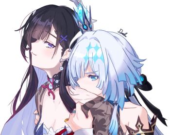 Rule 34 | 2girls, artist name, bare shoulders, biting, black hair, blue eyes, blue hair, breasts, cerydra (honkai: star rail), cleavage, closed mouth, collar, commentary, crown, dashikonwritter, derivative work, english commentary, honkai: star rail, honkai (series), hysilens (honkai: star rail), jewelry, long hair, mini crown, multiple girls, neck biting, purple eyes, ring, simple background, smile, white background, yuri