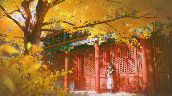 1girl absurdres autumn_leaves beret blue_shoes brown_cardigan brown_eyes brown_hair brown_hat camera camera_around_neck cardigan chen_bin chinese_commentary commentary_request dress full_body hat highres holding holding_camera leaf long_hair long_sleeves open_cardigan open_clothes original outdoors scenery shoes sneakers socks solo standing tree white_dress white_socks wide_shot