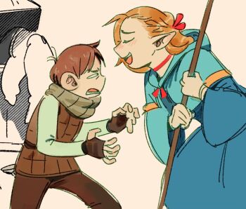 1boy 1girl aqua_capelet blonde_hair blue_robe blush brown_gloves brown_hair brown_pants brown_vest capelet chilchuck_tims chiou! choker clenched_hands closed_eyes dungeon_meshi elf fingerless_gloves frown furrowed_brow gloves grey_scarf hair_ribbon halfling holding holding_staff leaning_forward long_hair looking_at_another marcille_donato open_mouth pants pointy_ears red_choker red_ribbon ribbon robe scarf short_hair size_difference sketch smile squinting staff vest