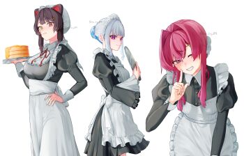 Rule 34 | 3girls, :3, alternate costume, ange katrina, animal ears, apron, bib collar, black dress, blue eyes, blue hair, braid, breasts, brown hair, bun with braided base, closed mouth, commentary request, dog ears, dress, enmaided, food, frills, gradient eyes, grin, hair between eyes, hair bun, hair intakes, hair ornament, hand on own hip, hand up, hat, heterochromia, highres, holding, holding food, holding tray, index finger raised, inui toko, inui toko (western maid), juliet sleeves, large breasts, leaning forward, lize helesta, long sidelocks, long sleeves, looking at viewer, maid, maid apron, maid headdress, mob cap, multicolored eyes, multicolored hair, multiple girls, neck ribbon, nijisanji, one eye closed, puffy sleeves, purple eyes, re:sty, red eyes, red hair, red ribbon, ribbon, sanbaka (nijisanji), short dress, sidelocks, simple background, single hair bun, sleeve cuffs, small breasts, smile, tray, twitter username, two-tone hair, underbust, variant set, virtual youtuber, waist apron, white apron, white background, white hair, white hat, white headdress, wide sleeves, yellow eyes