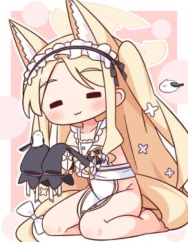 1girl :3 =_= animal_ear_fluff animal_ears apron barefoot bird black_hairband black_sleeves blonde_hair blue_archive blush border bow closed_eyes closed_mouth collarbone commentary_request detached_sleeves fox_ears fox_girl fox_tail frilled_hairband frills full_body hair_bow hairband halo hana_kazari highres long-tailed_tit long_hair long_sleeves naked_apron one_side_up outside_border parted_bangs pink_background seia_(blue_archive) sitting sleeves_past_fingers sleeves_past_wrists smile solo tail tit_(bird) very_long_hair white_apron white_border white_bow yellow_halo