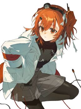 Rule 34 | 1girl, a.i. voice, adachi rei, black pantyhose, black shirt, blush, breasts, cable, closed mouth, commentary request, grey shorts, hair between eyes, hair ornament, hair ribbon, hairclip, hand in pocket, headlamp, highres, jacket, kuripang bbb, long sleeves, open mouth, orange eyes, pantyhose, radio antenna, ribbon, shirt, shorts, side ponytail, simple background, solo, utau, white background, white jacket, white ribbon