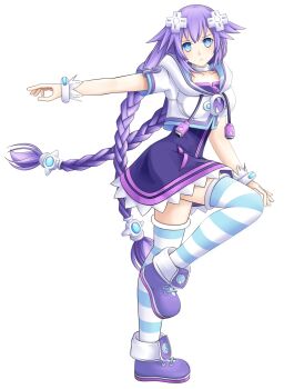 1girl blue_eyes braid collar cosplay d-pad dress female_focus full_body hair_ornament highres hood hoodie kami_jigen_game_neptune_v long_hair maeruron neptune_(neptunia) neptune_(series) plug purple_hair purple_heart_(neptunia) solo symbol-shaped_pupils transparent_background twin_braids very_long_hair