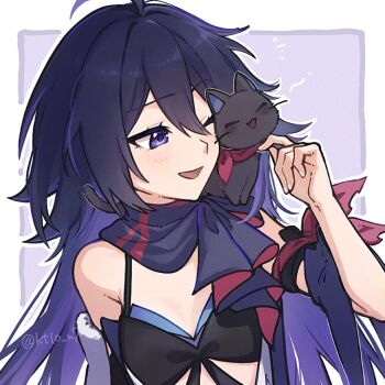 1girl ahoge baby_animal black_cat blue_hair bra cat closed_eyes colored_inner_hair commentary_request detached_collar detached_sleeves hair_between_eyes hand_up happy honkai:_star_rail honkai_(series) kitten light_blush long_hair multicolored_hair neckerchief purple_eyes ribbon seele_(honkai:_star_rail) simple_background single_detached_sleeve smile underwear xeitlfrycz64403