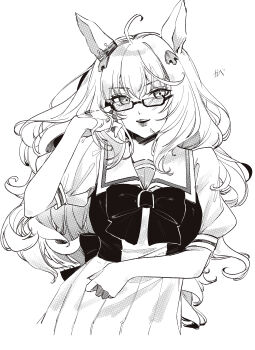 1girl absurdres ahoge animal_ears artist_name biwa_hayahide_(umamusume) bow bowtie breasts chikabe cowboy_shot glasses greyscale hair_ornament hand_in_own_hair highres horse_ears horse_girl large_breasts lips long_hair looking_at_viewer monochrome open_mouth pleated_skirt puffy_short_sleeves puffy_sleeves sailor_collar school_uniform semi-rimless_eyewear serafuku short_sleeves signature simple_background skirt solo summer_uniform tracen_school_uniform umamusume under-rim_eyewear wavy_hair white_background