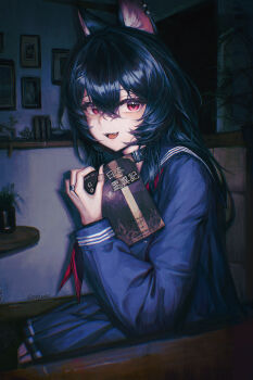 1girl absurdres animal_ear_fluff animal_ear_piercing animal_ears bandaid bandaid_on_finger bandaid_on_hand black_hair blue_skirt book camera_flash choker commentary_request crossed_bangs drawer_bushi_huajia fangs hair_between_eyes hair_ornament hairclip highres holding holding_book indoors jewelry long_hair looking_at_viewer night open_mouth original parallel_hairclips pleated_skirt red_eyes red_ribbon ribbon ring school_uniform serafuku sitting skirt smile solo wolf_ears wolf_girl