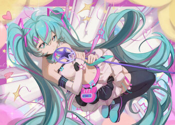 1girl :< abstract_background absurdres ahoge aqua_bow aqua_bowtie aqua_eyes aqua_hair bandeau black_thighhighs bow bowtie choker detached_sleeves elbow_gloves fingerless_gloves flower_in_eye full_body gloves hair_ornament hair_tie hatsune_miku heart high_heels highres holding holding_microphone long_hair looking_at_viewer mi_ran_ran microphone midriff multicolored_hair muse_dash musical_note navel official_alternate_costume official_alternate_hairstyle pleated_skirt purple_bow quarter_note simple_background skirt solo sparkle stomach strapless streaked_hair symbol_in_eye thighhighs twintails two-tone_bandeau very_long_hair vocaloid white_bandeau zettai_ryouiki
