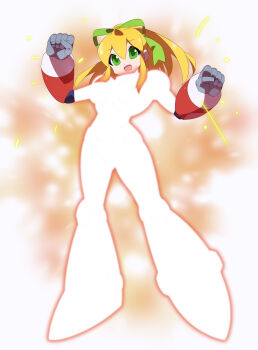 absurdres armor armored_boots armored_gloves arms_up blonde_hair blurry blurry_background boots breasts glowing green_eyes green_ribbon hair_ribbon henshin henshin_pose highres hyper_roll_(marvel_vs._capcom) joints kaidou_zx knee_boots large_breasts large_variant_set long_hair looking_at_viewer marvel_vs._capcom mechanical_arms mechanical_boots mechanical_legs mega_man_(classic) mega_man_(series) ponytail red_armor ribbon robot robot_girl robot_joints roll_(mega_man) shoulder_armor sidelocks simple_background smile sparks transformation variant_set white_background
