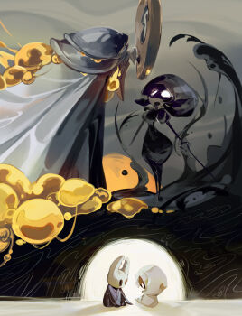 arthropod_girl black_eyes black_skin blankowalska cloak colored_skin empty_eyes glowing glowing_eyes grey_cloak highres hollow_eyes hollow_knight hollow_knight:_silksong hollow_knight_(character) horns knight_(hollow_knight) lace_(hollow_knight) looking_at_another lost_lace mask pin_(hollow_knight) sitting spoilers white_eyes white_mask yellow_eyes