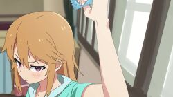 1girl age_difference animated averting_eyes blush condom condom_wrapper embarrassed female_focus highres holding holding_condom hood hoodie idolmaster idolmaster_cinderella_girls idolmaster_cinderella_girls_u149 incoming_gift loli long_hair looking_at_another looking_at_viewer loska_(ss40188868) purple_eyes solo standing tagme upper_body video yuuki_haru