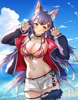 1girl absurdres animal_ear_fluff animal_ears beach bikini black_collar black_hair blue_sky breasts claw_pose cleavage closed_mouth cloud collar commentary_request floral_print floral_print_bikini highres hololive large_breasts long_hair looking_at_viewer multicolored_hair official_alternate_costume ookami_mio ookami_mio_(hololive_summer_2019) ponytail print_bikini red_streaks sand sky smile solo streaked_hair swimsuit tongue tongue_out utdkaz very_long_hair virtual_youtuber water wolf_ears wolf_girl yellow_eyes