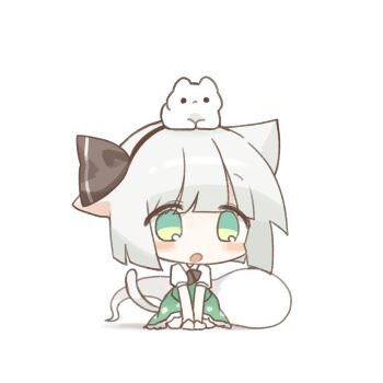 Rule 34 | 1girl, animal, animal ears, animal on head, black bow, black bowtie, black hairband, blush, bow, bowtie, cat, cat ears, cat girl, cat tail, chibi, chibi only, commentary, commission, green eyes, green skirt, green vest, grey hair, hairband, highres, hitodama, kemonomimi mode, konpaku youmu, konpaku youmu (ghost), looking at viewer, on head, open mouth, pixiv commission, pudding (skymint 028), shirt, simple background, sitting, skirt, skirt set, solo, tail, touhou, vest, white background, white shirt