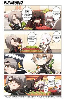 4koma carrot chibi comic english_text food fruit highres lee:_hyperreal_(pgr) lee_(pgr) liv:_eclipse_(pgr) liv_(pgr) lucia:_plume_(pgr) lucia_(pgr) official_art punishing:_gray_raven speech_bubble spring_onion tomato twitter vegetable watanabe:_epitaph_(pgr) watanabe_(pgr) watermelon