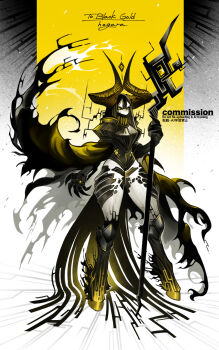 1girl armor black_hair black_sclera colored_sclera colored_skin commentary_request commission demon_girl demon_horns digitigrade full_body high_collar high_contrast highres hogara holding holding_staff hooves horns huge_horns looking_at_viewer monster_girl original shoulder_armor skeb_commission solo staff white_skin yellow_eyes