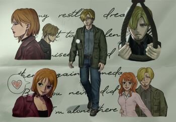 1boy 1girl blonde_hair cigarette cosplay curly_eyebrows facial_hair hair_over_one_eye highres james_sunderland james_sunderland_(cosplay) maria_(silent_hill) maria_(silent_hill)_(cosplay) mary_shepherd-sunderland mary_shepherd-sunderland_(cosplay) mustache_stubble nami_(one_piece) one_piece rope sanji_(one_piece) sanjifull silent_hill_(series) silent_hill_2 smoking stubble