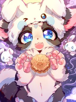 1other :3 absurdres animal_hat black_fur blue_eyes borrowed_character colored_lineart cookie curled_tail dog fangs fewer_digits fingernails food furry glint grey_nails hands_up happy hat highres long_fingernails looking_ahead looking_at_viewer mooncake navel neck_fur nude open_hands open_mouth original other_focus purple_background rabbit rabbit_hat second-party_source short_eyebrows smile solo sparkle sparkle_background standing straight-on two-tone_fur white_fur white_hat white_rabbit_(animal) wuzzart