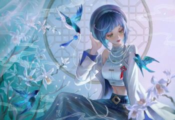 1girl artist_logo belt belt_buckle bird black_belt blue_bird blue_hair blue_hat blurry blurry_foreground bob_cut breasts buckle chain commentary crop_top diagonal_bangs dice english_commentary flower genshin_impact green_eyes hand_on_headwear hat high-waist_pants jacket jewelry large_breasts logo long_sleeves looking_at_another looking_to_the_side midriff necklace official_alternate_costume open_clothes open_jacket orchid pants pearl_necklace pinstripe_pants pinstripe_pattern shirt short_hair single_bare_shoulder single_off_shoulder sitting sleeveless sleeveless_turtleneck solo tassel turtleneck wallet_chain white_flower white_jacket white_shirt yelan_(genshin_impact) yelan_(pizza_hut)_(genshin_impact) yuelycia