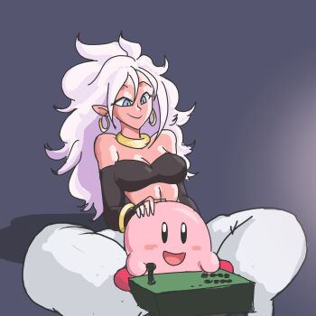 android_21 arcade_stick bare_shoulders blue_eyes breasts cleavage colored_skin controller davewaterfalls dragon_ball earrings game_controller gold_earrings hoop_earrings jewelry joystick kirby kirby_(series) majin_android_21 midriff nintendo on_floor pink_skin playing_games pointy_ears sitting sitting_on_lap sitting_on_person white_hair