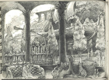 aiai_(tsukamot73) aircraft airship boat chinese_commentary colonnade column commentary_request graphite_(medium) greyscale monochrome on_bench original outdoors people pillar sailboat scenery sitting traditional_media tree watercraft