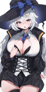 1girl absurdres between_breasts black_bra black_corset black_hat black_jacket black_skirt blue_necktie blue_ribbon bra braid breasts cleavage collared_shirt corset cowboy_shot crossed_bangs fingernails hair_between_eyes hair_ornament hairclip hat hat_ribbon highres huge_breasts jacket krabking large_hat long_fingernails long_hair long_sleeves looking_at_viewer miniskirt necktie necktie_between_breasts open_clothes open_jacket open_mouth original parallel_hairclips partially_unbuttoned purple_eyes ribbon shirt simple_background skirt solo sweat sweatdrop teeth twin_braids unbuttoned unbuttoned_shirt underwear upper_teeth_only white_background white_hair white_shirt wide_hips