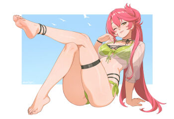 1girl anklet arm_support barefoot bikini blue_background border breasts brown_eyes closed_mouth commentary crossed_legs dnaitari eiyuu_densetsu feet front-tie_bikini_top front-tie_top full_body green_bikini hair_between_eyes hand_up highres jewelry knees_together_feet_apart legs long_hair looking_at_viewer medium_breasts one_eye_closed parted_lips pink_hair sara_valestein sen_no_kiseki_(series) side-tie_bikini_bottom skindentation smile soles solo swimsuit thigh_strap toenails toes very_long_hair white_border