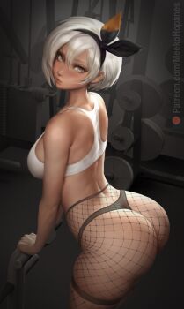 1girl arched_back arm_support ass back bea_(pokemon) black_hairband black_panties black_shorts breasts closed_mouth commentary dark-skinned_female dark_skin english_commentary fishnet_pantyhose fishnets fitness_gym from_side grey_eyes grey_hair gym_equipment hair_between_eyes hairband looking_at_viewer medium_breasts meekohopanes nintendo paid_reward_available panties pantyhose patreon_username pokemon pokemon_swsh short_hair shorts sideboob solo sports_bra thigh_strap thong underwear weights white_sports_bra