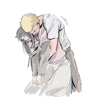 Rule 34 | 1boy, 1girl, alternate costume, beerenfuchs, black hair, blonde hair, blunt bangs, boruto: naruto next generations, couple, from side, hetero, highres, hug, hug from behind, husband and wife, hyuuga hinata, layered clothes, layered sleeves, leaning forward, leaning on person, leaning to the side, light blush, long hair, long sleeves, looking to the side, naruto (series), pants, purple eyes, short sleeves, shy, skirt, uzumaki naruto