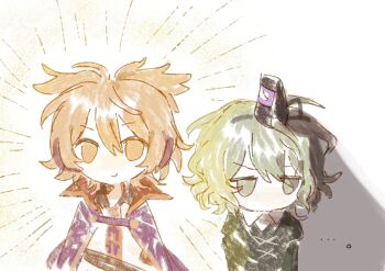 ... 2girls belt black_belt black_hat black_ribbon blonde_hair chinese_commentary cloak closed_mouth collared_dress commentary_request criss-cross_halter dress earmuffs filia_(sonzione807560) green_dress green_eyes green_hair hair_between_eyes halterneck hat hat_ribbon highres juliet_sleeves long_sleeves looking_at_another looking_at_viewer multiple_girls no_pupils notice_lines ofuda ofuda_on_clothes pointy_hair puffy_sleeves purple_cloak red_cloak ribbon shadow shining short_hair simple_background smile soga_no_tojiko tate_eboshi touhou toyosatomimi_no_miko two-sided_cloak two-sided_fabric upper_body v-shaped_eyebrows wavy_hair white_background white_dress yellow_eyes