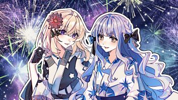 2girls aerial_fireworks artist_request bang_dream! bang_dream!_it&#039;s_mygo!!!!! black_bow black_gloves blonde_hair bow braid chinese_commentary commentary_request commission fireworks flower gloves hair_between_eyes hair_bow hair_flower hair_ornament highres japanese_clothes kimono long_hair medium_hair misumi_uika multiple_girls open_mouth outline purple_eyes second-party_source togawa_sakiko white_kimono white_outline yellow_eyes