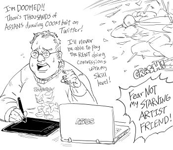 Rule 34 | 2boys, asus, bb (baalbuddy), computer, coomer, drawing tablet, english text, greyscale, highres, laptop, monochrome, multiple boys, muscular (boku no hero academia), original, sonic (series), speech bubble, wacom