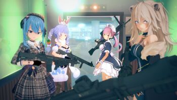 1other 3d 4girls adidas animal animal_ears animal_on_head blue_eyes blue_hair blush braid breasts call_of_duty carrot_hair_ornament creature dress ear_piercing elevator fingerless_gloves food-themed_hair_ornament gloves gold grey_eyes hair_ornament hat highres holding holding_weapon hololive hoshimachi_suisei large_breasts lissetteskadi long_hair looking_at_viewer maid_headdress medium_breasts minato_aqua multiple_girls on_head open_gate piercing pink_eyes pink_hair pov rabbit_ears red_eyes serious shishiro_botan skirt spiked_hair usada_pekora virtual_youtuber weapon