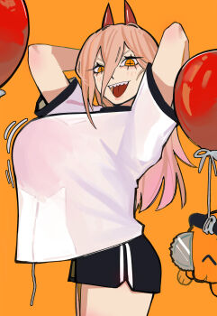1girl absurdres arms_behind_head balloon black_shorts breasts chainsaw_man cross-shaped_pupils demon_girl demon_horns flying from_side highres horns long_hair looking_at_viewer orange_hair pochita_(chainsaw_man) power_(chainsaw_man) sailen0 sharp_teeth shorts symbol-shaped_pupils teeth tongue tongue_out