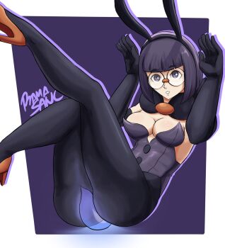 1girl alternate_costume animal_ears black_gloves black_pantyhose blunt_bangs bob_cut breasts cleavage elbow_gloves fake_animal_ears glasses gloves high_heels highres leotard medium_breasts neck_pillow nintendo orange_shoes pantyhose playboy_bunny pokemon pokemon_bw purple_eyes purple_hair purple_leotard rabbit_ears ramasan rimless_eyewear round_eyewear shauntal_(pokemon) shoes short_hair strapless strapless_leotard