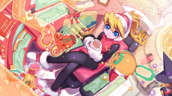 3girls 6+others black_hat black_pantyhose blonde_hair blue_eyes body_armor bodystocking book ciel_(mega_man) clenched_teeth coffee coffee_mug computer computer_keyboard crossed_legs cup cyber_elf_(mega_man) detached_wings gloves gun halo hat helmet high_heels high_ponytail holding holding_cup indoors long_hair looking_at_another looking_at_viewer may_(nicoseiga_32709921) mechanical_ears mega_man_(series) mega_man_zero_(series) monitor mug multiple_girls multiple_others no_armor pantyhose pink_hat pink_helmet pink_top ponytail short_hair sitting smile studio teeth tube weapon white_gloves white_hair wings yellow_halo
