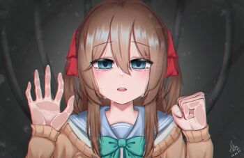 1girl absurdres against_fourth_wall blue_eyes blue_sailor_collar cable cardigan commentary crying empty_eyes english_commentary green_eyes hair_between_eyes hair_ribbon henrytjanw highres long_hair long_sleeves looking_at_viewer neuro-sama open_mouth red_ribbon ribbon sailor_collar shirt solo teeth two_side_up upper_body upper_teeth_only vedal_ai virtual_youtuber white_shirt yellow_cardigan